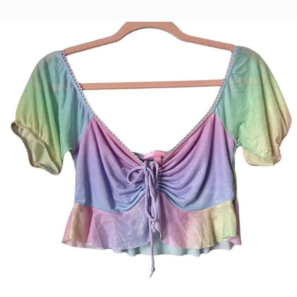 Sugar Thrillz Top Womens Medium Rainbow Sweet Nectar Crop Ruffle Babydoll